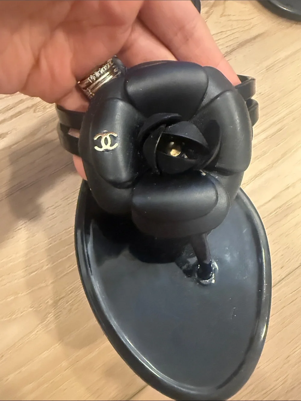 CHANEL Black Camellia Jelly Thong Sandals